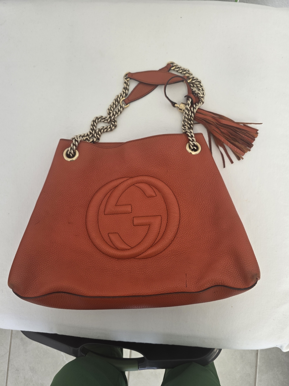Gucci Orange Pebbled Leather Shoulder Bag with Gold Chain and Tassel